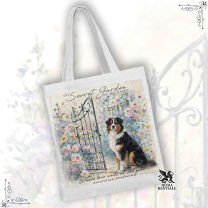 Tote Bag SECRET GARDEN - AUSTRALIAN SHEPHERD Black Tricolor - 100% Cotone - Bianca o Beige