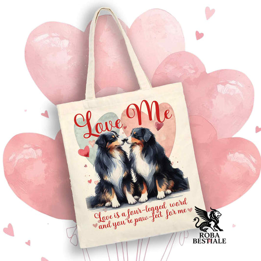 Tote Bag LOVE ME - AUSTRALIAN SHEPHERD Black Tricolor - 100% Cotone - Bianca o Beige