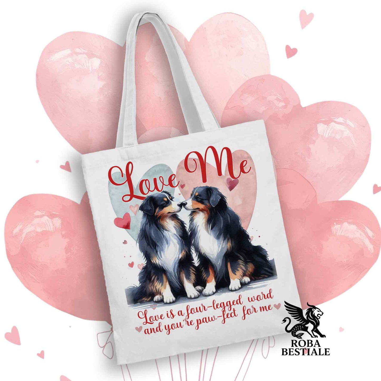 Tote Bag LOVE ME - AUSTRALIAN SHEPHERD Black Tricolor - 100% Cotone - Bianca o Beige
