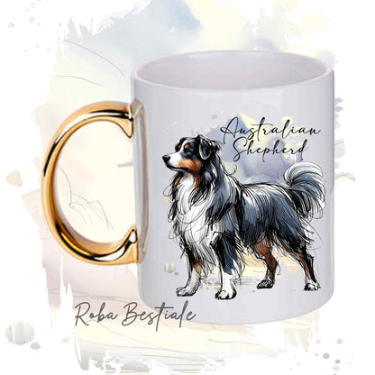 Tazza BEHAVIOR - AUSTRALIAN SHEPHERD Black Tricolor - Standard FCI - In Ceramica, con manico dorato - 330 ml