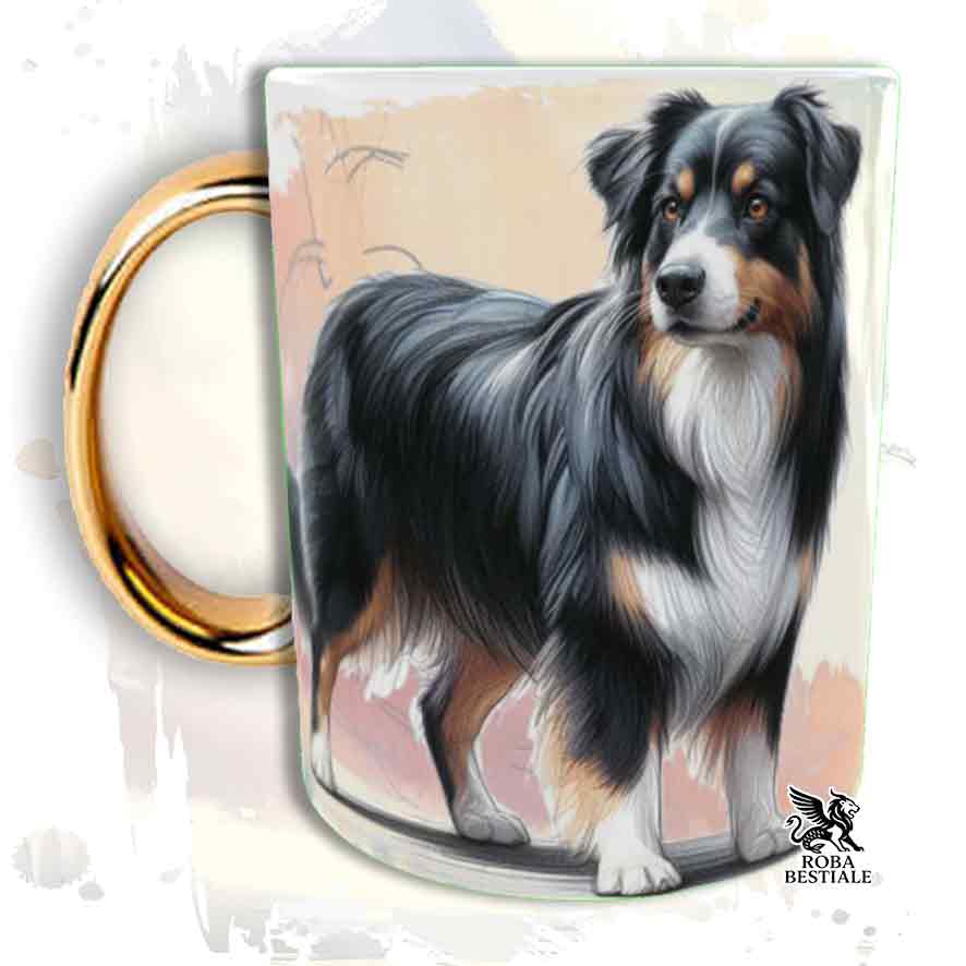 Tazza BEHAVIOR - AUSTRALIAN SHEPHERD Black Tricolor- In Ceramica, con manico dorato - 330 ml