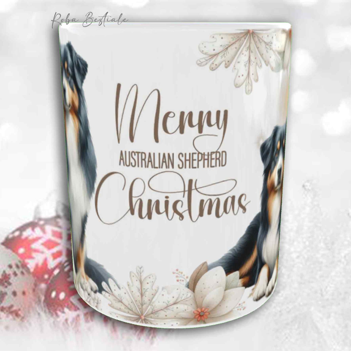 Tazza COZY WINTER - AUSTRALIAN SHEPHERD Black Tricolor - In Ceramica, con manico color Oro - 330 ml