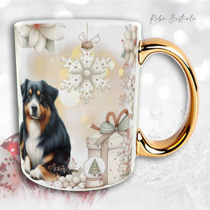 Tazza COZY WINTER - AUSTRALIAN SHEPHERD Black Tricolor - In Ceramica, con manico color Oro - 330 ml