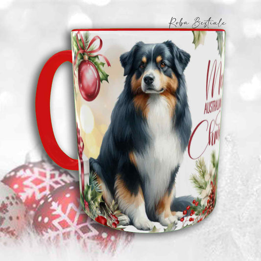 Tazza VINTAGE WINTER - AUSTRALIAN SHEPHERD Black Tricolor - In Ceramica, con dettagli Rossi - 330 ml