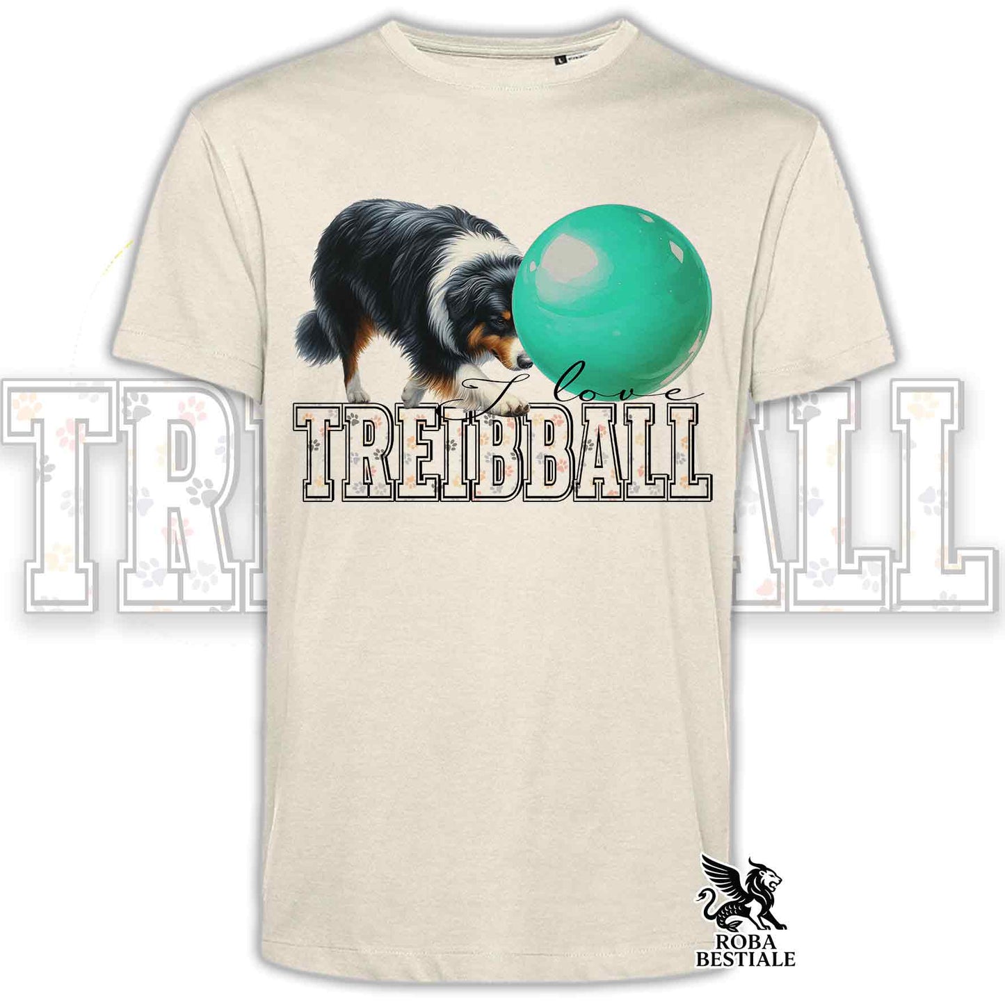 T-Shirt I LOVE TREIBBALL - AUSTRALIAN SHEPHERD Black Tricolor - Off White, colore dettagli a scelta - dalla XS alla 2XL