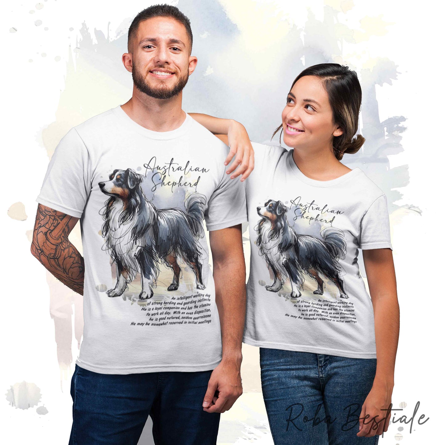 T-Shirt BEHAVIOR - AUSTRALIAN SHEPHERD Black Tricolor - Standard FCI - 100% Cotone, Bianca, Uomo o Donna - dalla XS alla 5XL