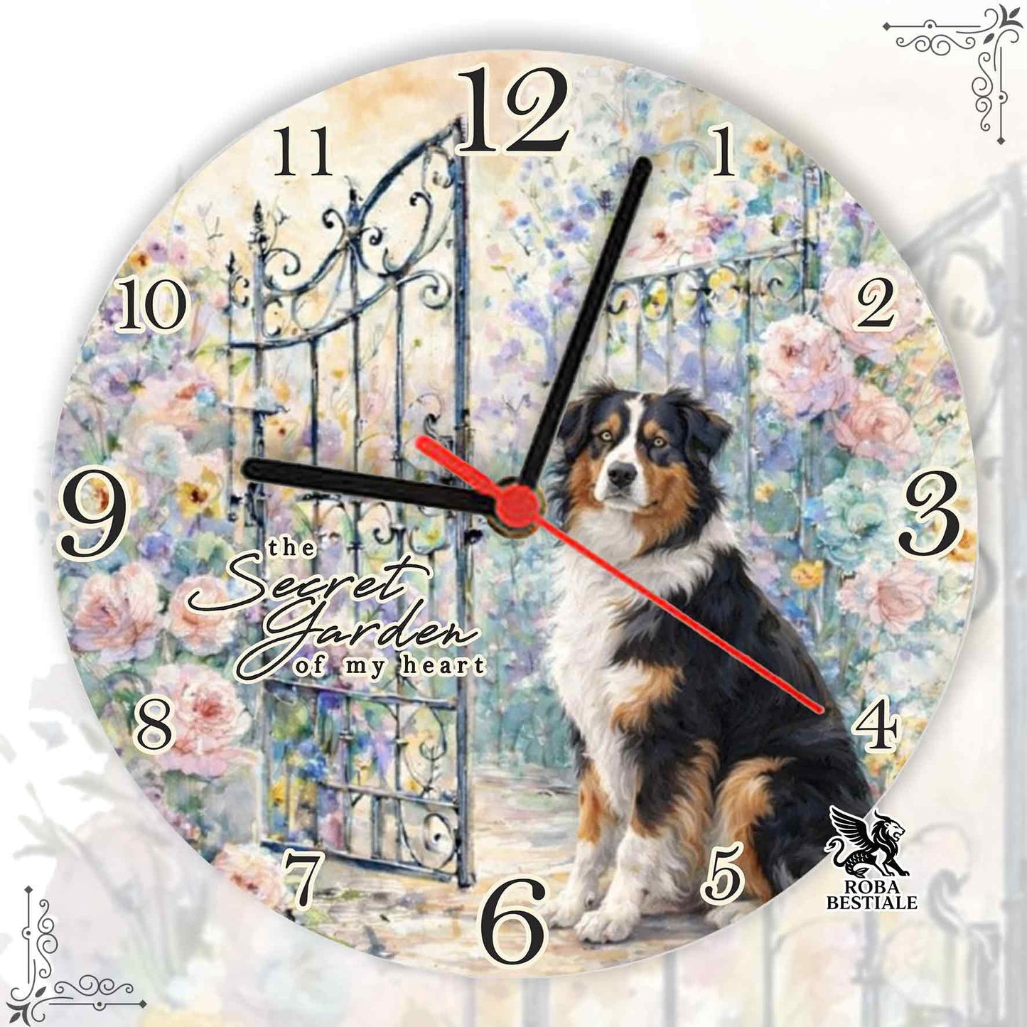 Orologio da Muro SECRET GARDEN - AUSTRALIAN SHEPHERD Black Tricolor - in MDF - diametro 20 o 30 cm