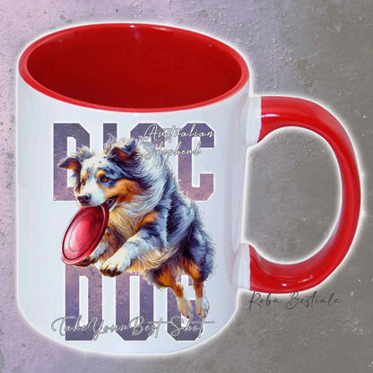 Tazza APTITUDE - DISC DOG - AUSTRALIAN SHEPHERD Blue Merle - In Ceramica, con manico e interno colorato - 330 ml