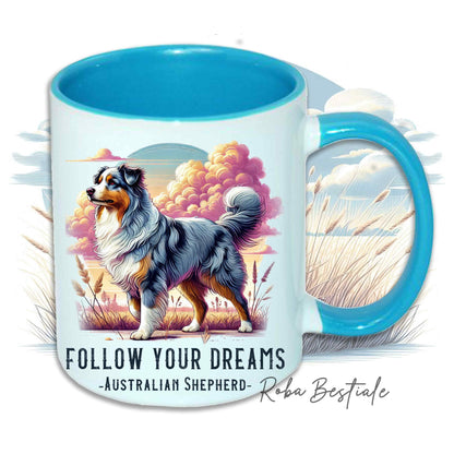 Tazza QUOTES "DREAM" - AUSTRALIAN SHEPHERD Blue Merle - In Ceramica, con manico e interno in diversi colori - 330 ml