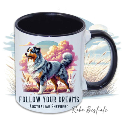 Tazza QUOTES "DREAM" - AUSTRALIAN SHEPHERD Blue Merle - In Ceramica, con manico e interno in diversi colori - 330 ml
