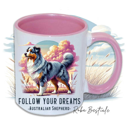 Tazza QUOTES "DREAM" - AUSTRALIAN SHEPHERD Blue Merle - In Ceramica, con manico e interno in diversi colori - 330 ml