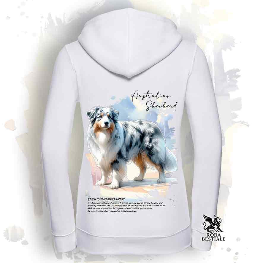 Felpa BEHAVIOR - AUSTRALIAN SHEPHERD Blue Merle - Con Cappuccio e Full Zip, Uomo o Donna, bianca o grigia - dalla XS alla 3XL