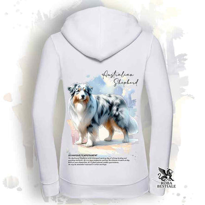 Felpa BEHAVIOR - AUSTRALIAN SHEPHERD Blue Merle - Con Cappuccio e Full Zip, Uomo o Donna, bianca o grigia - dalla XS alla 3XL