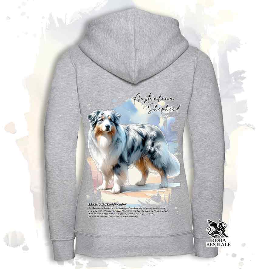 Felpa BEHAVIOR - AUSTRALIAN SHEPHERD Blue Merle - Con Cappuccio e Full Zip, Uomo o Donna, bianca o grigia - dalla XS alla 3XL