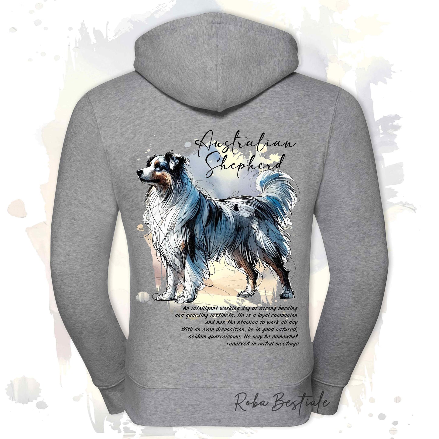 Felpa BEHAVIOR - AUSTRALIAN SHEPHERD Blue Merle - Con Cerniera - Uomo o Donna - Bianca o Grigia - dalla XS alla 3XL