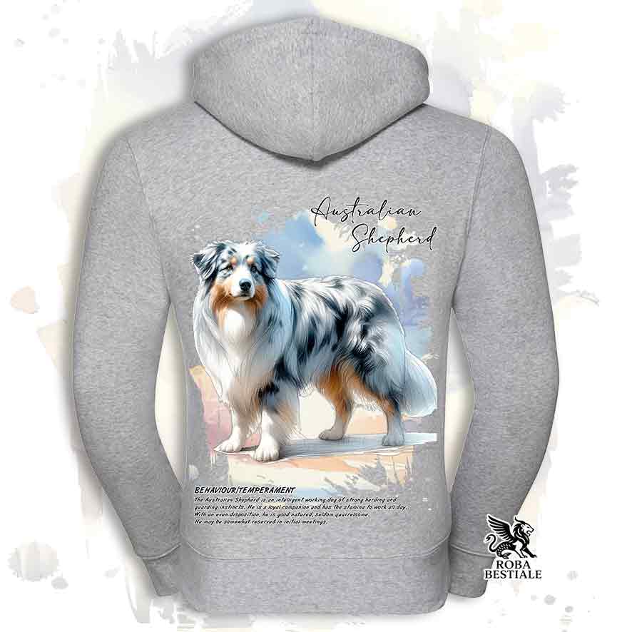 Felpa BEHAVIOR - AUSTRALIAN SHEPHERD Blue Merle - Con Cappuccio e Full Zip, Uomo o Donna, bianca o grigia - dalla XS alla 3XL
