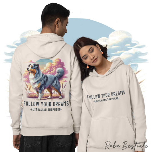 Felpa Estiva QUOTES "DREAM" - AUSTRALIAN SHEPHERD Blue Merle - con Cappuccio, Unisex - Off White, Bianca o Grigia - dalla S alla 2XL
