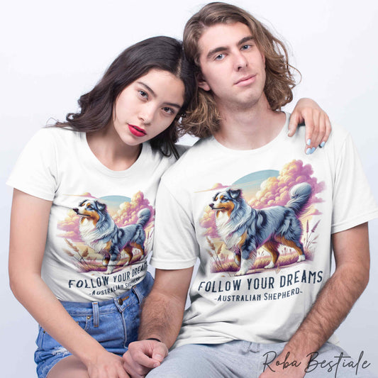 T-Shirt QUOTES "DREAM" - AUSTRALIAN SHEPHERD Blue Merle - Bianca, Uomo o Donna - dalla XS alla 5XL