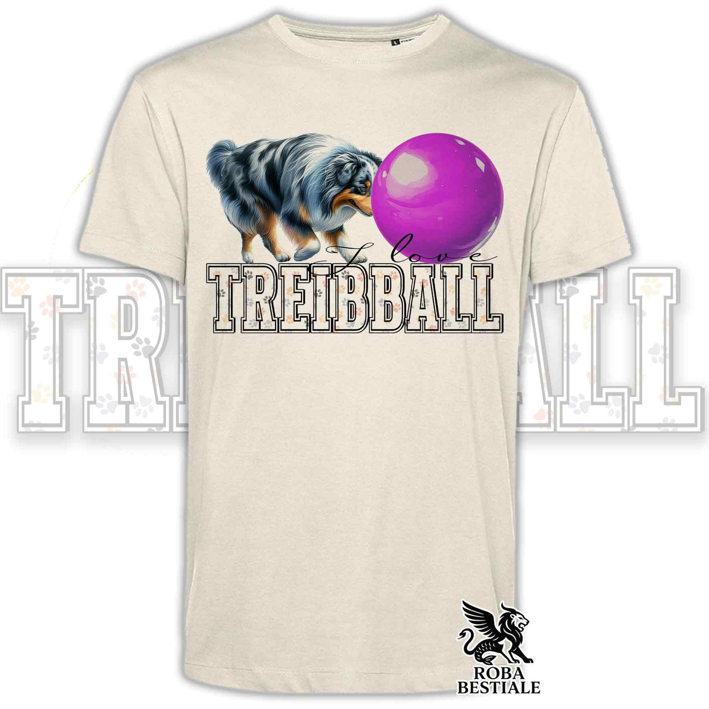 T-Shirt I LOVE TREIBBALL - AUSTRALIAN SHEPHERD Blue Merle - Off White, colore dettagli a scelta - dalla XS alla 2XL