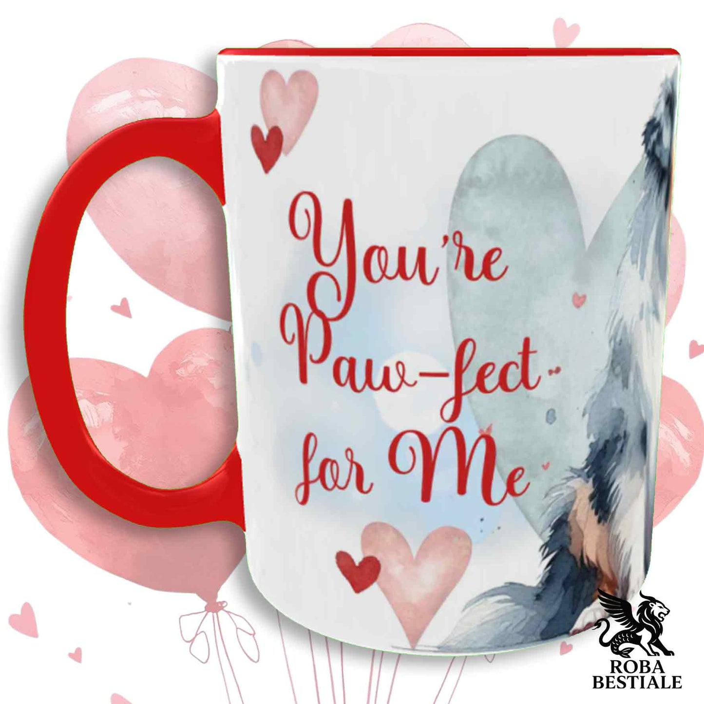 Tazza LOVE ME - AUSTRALIAN SHEPHERD Blue Merle - In Ceramica, con dettagli Rossi - 330 ml