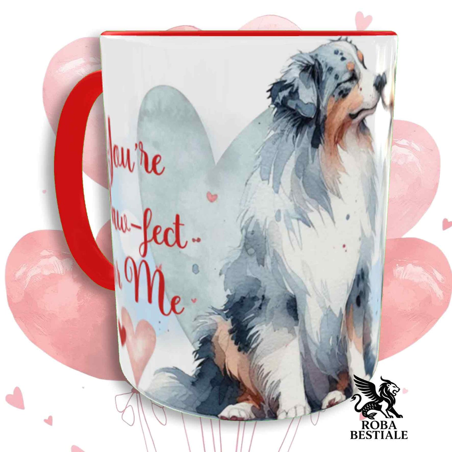 Tazza LOVE ME - AUSTRALIAN SHEPHERD Blue Merle - In Ceramica, con dettagli Rossi - 330 ml
