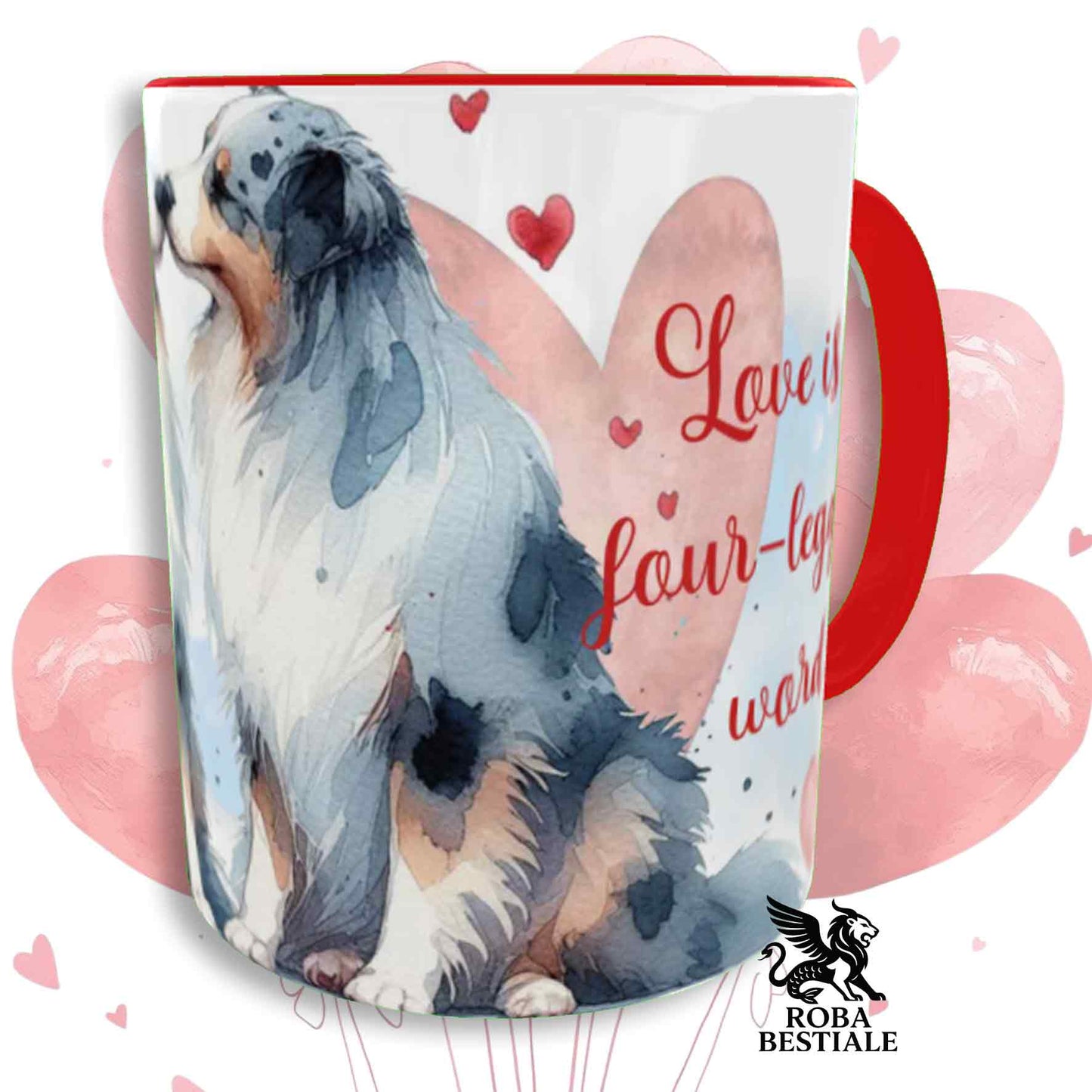 Tazza LOVE ME - AUSTRALIAN SHEPHERD Blue Merle - In Ceramica, con dettagli Rossi - 330 ml