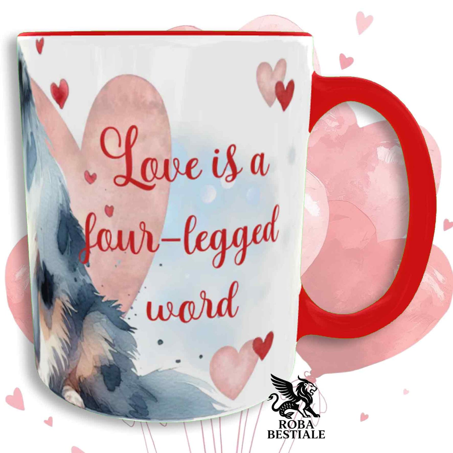 Tazza LOVE ME - AUSTRALIAN SHEPHERD Blue Merle - In Ceramica, con dettagli Rossi - 330 ml