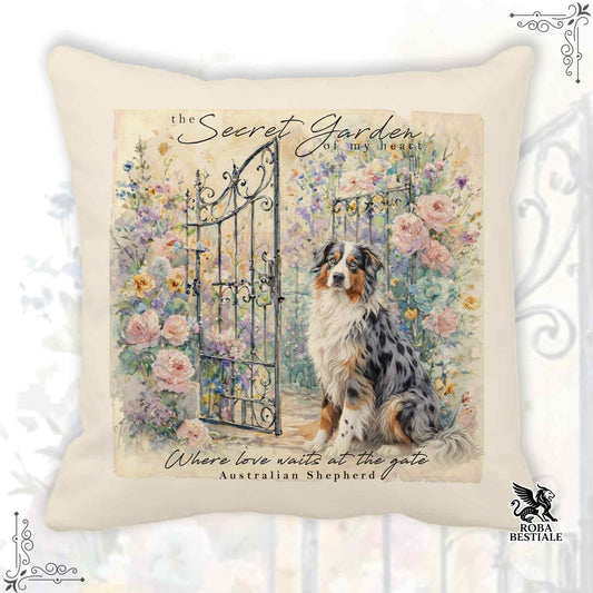 Cuscino SECRET GARDEN - AUSTRALIAN SHEPHERD Blue Merle - 100% Tela di Cotone - 40x40 cm