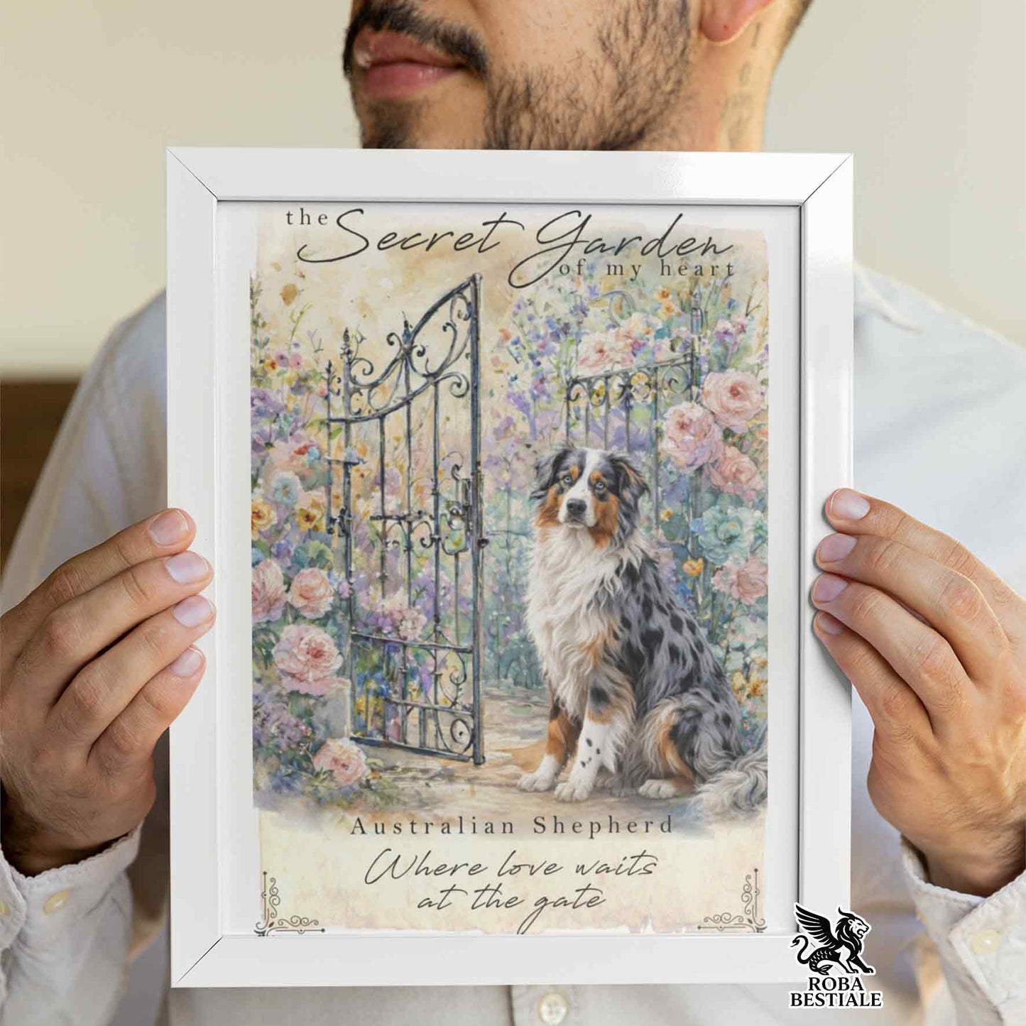 Quadretto SECRET GARDEN - AUSTRALIAN SHEPHERD Blue Merle - Con cornice in legno, formato A4