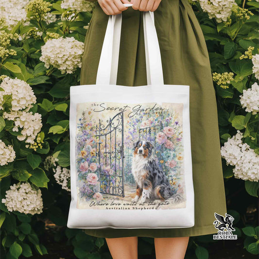 Tote Bag SECRET GARDEN - AUSTRALIAN SHEPHERD Blue Merle - 100% Cotone - Bianca o Beige