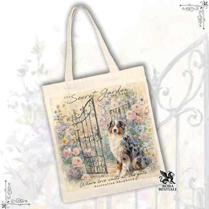 Tote Bag SECRET GARDEN - AUSTRALIAN SHEPHERD Blue Merle - 100% Cotone - Bianca o Beige