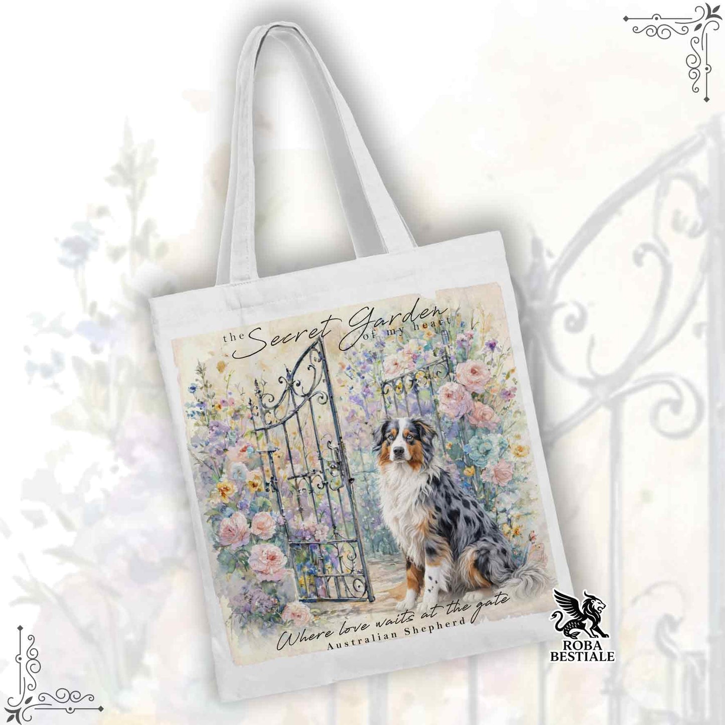 Tote Bag SECRET GARDEN - AUSTRALIAN SHEPHERD Blue Merle - 100% Cotone - Bianca o Beige