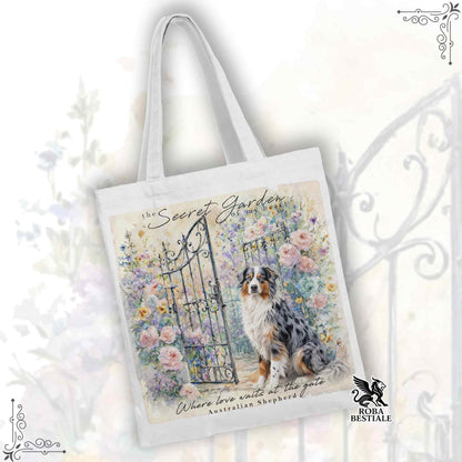 Tote Bag SECRET GARDEN - AUSTRALIAN SHEPHERD Blue Merle - 100% Cotone - Bianca o Beige