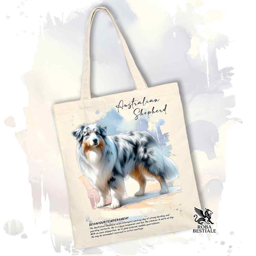Tote Bag BEHAVIOR - AUSTRALIAN SHEPHERD Blue Merle - 100% Cotone - Bianca o Beige
