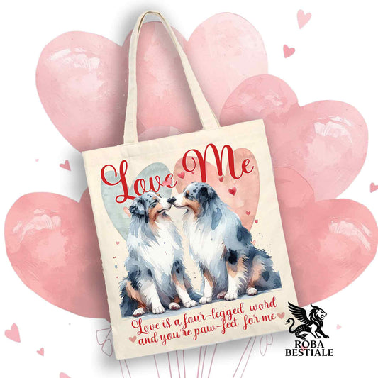 Tote Bag LOVE ME - AUSTRALIAN SHEPHERD Blue Merle - 100% Cotone - Bianca o Beige