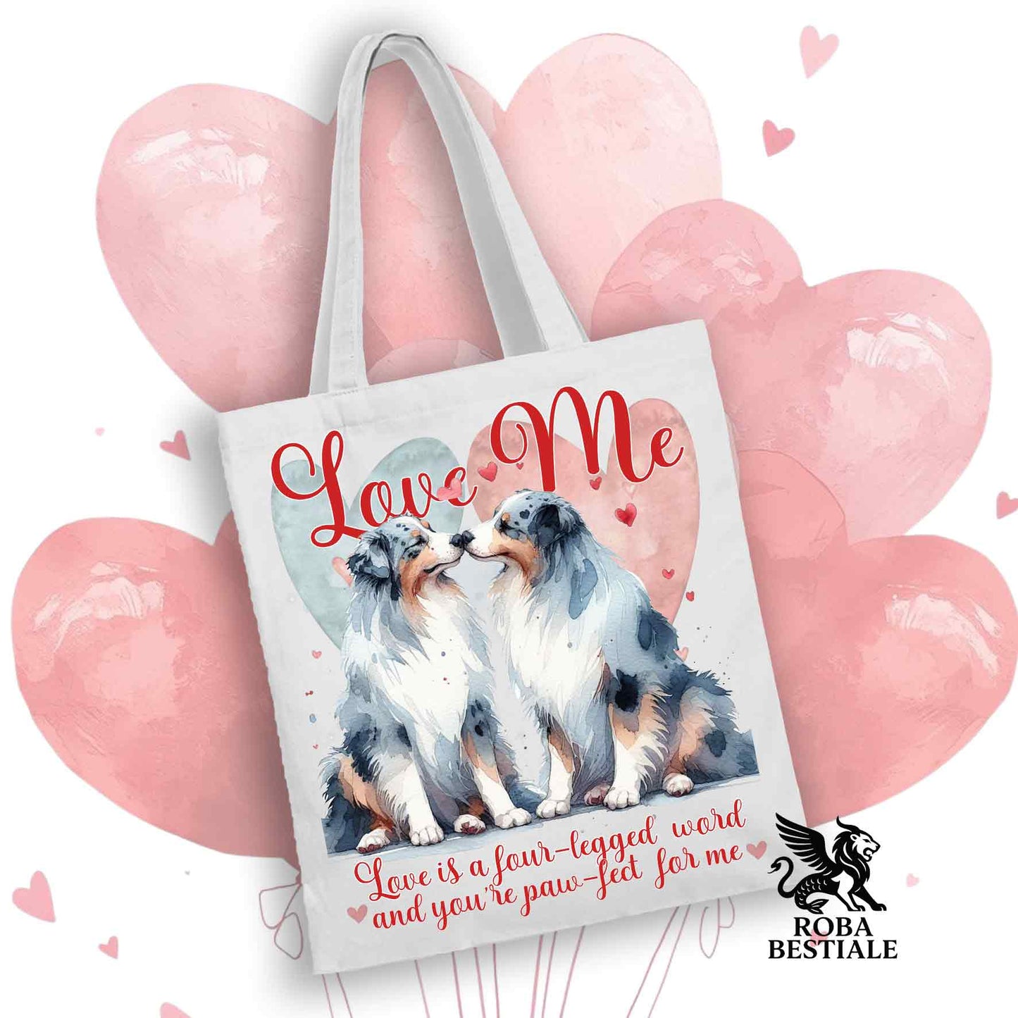 Tote Bag LOVE ME - AUSTRALIAN SHEPHERD Blue Merle - 100% Cotone - Bianca o Beige