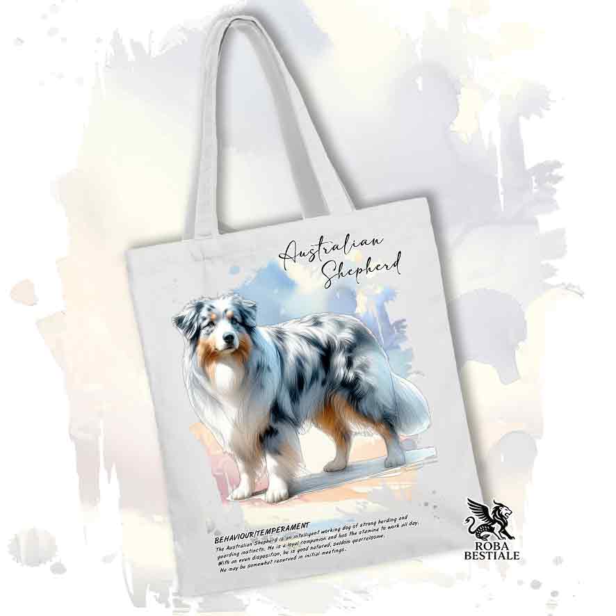 Tote Bag BEHAVIOR - AUSTRALIAN SHEPHERD Blue Merle - 100% Cotone - Bianca o Beige