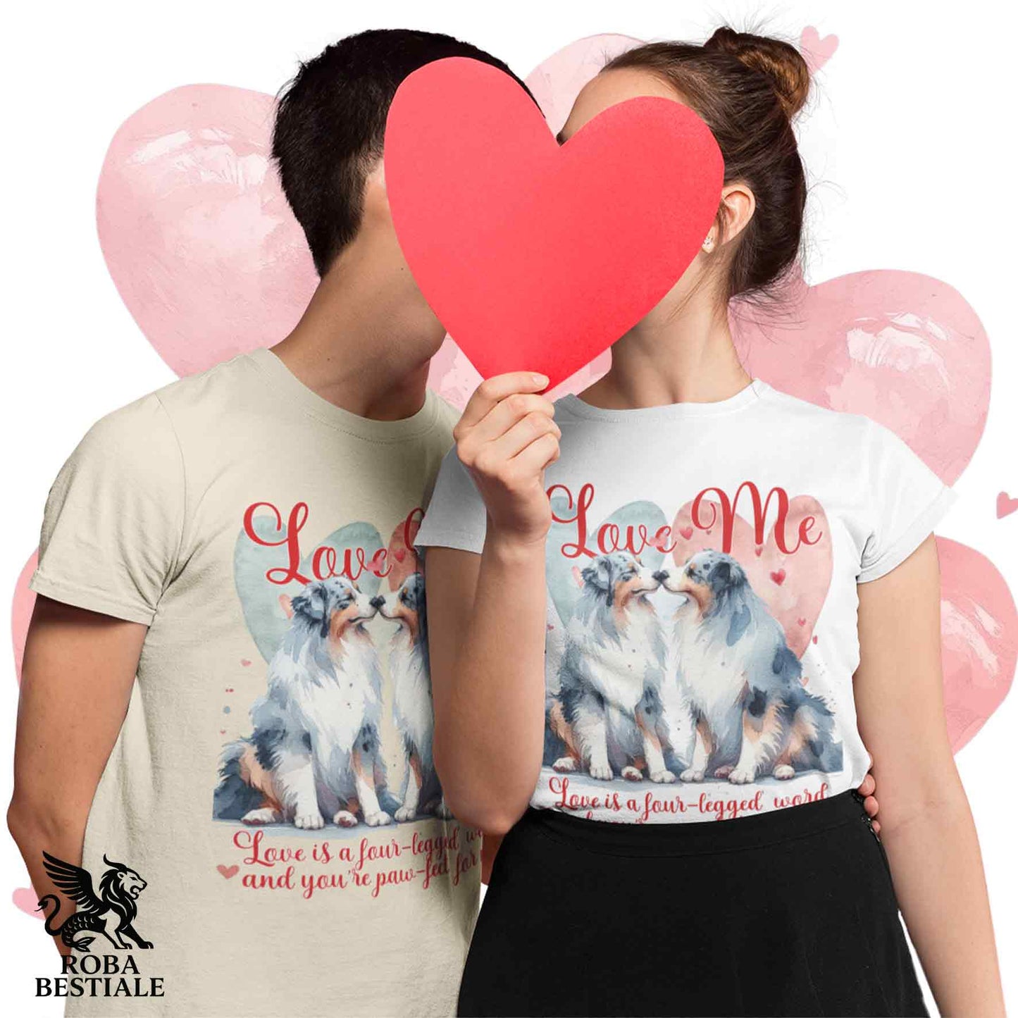 T-shirt LOVE ME - AUSTRALIAN SHEPHERD Blue Merle - Bianca o Beige, Uomo o Donna - dalla XS alla 5XL