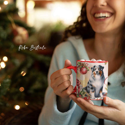 Tazza VINTAGE WINTER - AUSTRALIAN SHEPHERD Blue Merle - In Ceramica, con dettagli Rossi - 330 ml