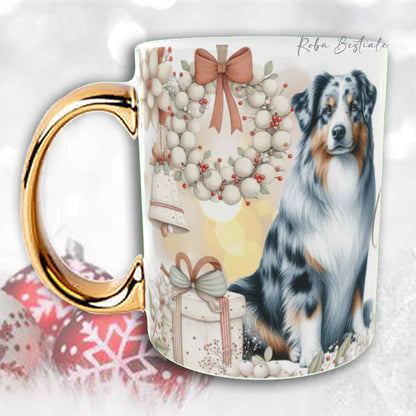 Tazza COZY WINTER - AUSTRALIAN SHEPHERD Blue Merle - In Ceramica, con manico color Oro - 330 ml