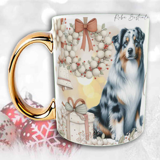 Tazza COZY WINTER - AUSTRALIAN SHEPHERD Blue Merle - In Ceramica, con manico color Oro - 330 ml