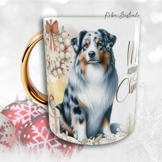 Tazza COZY WINTER - AUSTRALIAN SHEPHERD Blue Merle - In Ceramica, con manico color Oro - 330 ml