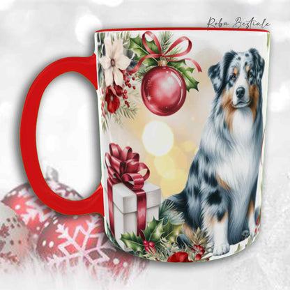 Tazza VINTAGE WINTER - AUSTRALIAN SHEPHERD Blue Merle - In Ceramica, con dettagli Rossi - 330 ml