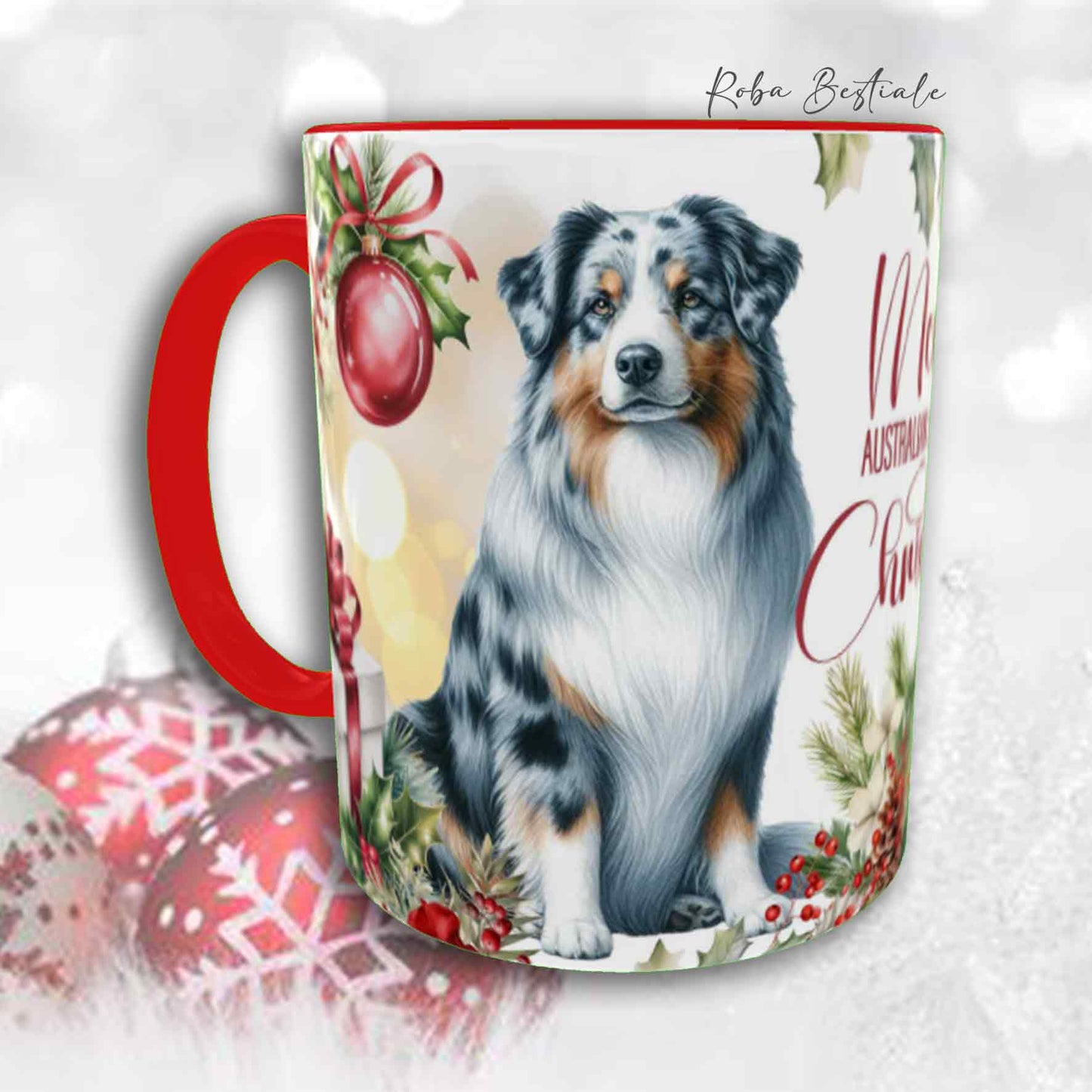 Tazza VINTAGE WINTER - AUSTRALIAN SHEPHERD Blue Merle - In Ceramica, con dettagli Rossi - 330 ml