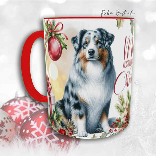 Tazza VINTAGE WINTER - AUSTRALIAN SHEPHERD Blue Merle - In Ceramica, con dettagli Rossi - 330 ml