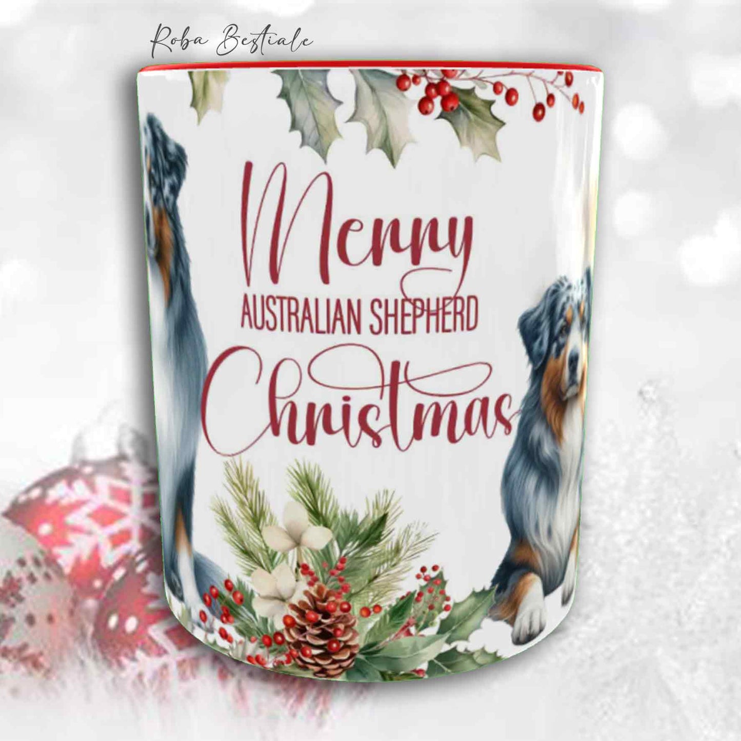 Tazza VINTAGE WINTER - AUSTRALIAN SHEPHERD Blue Merle - In Ceramica, con dettagli Rossi - 330 ml