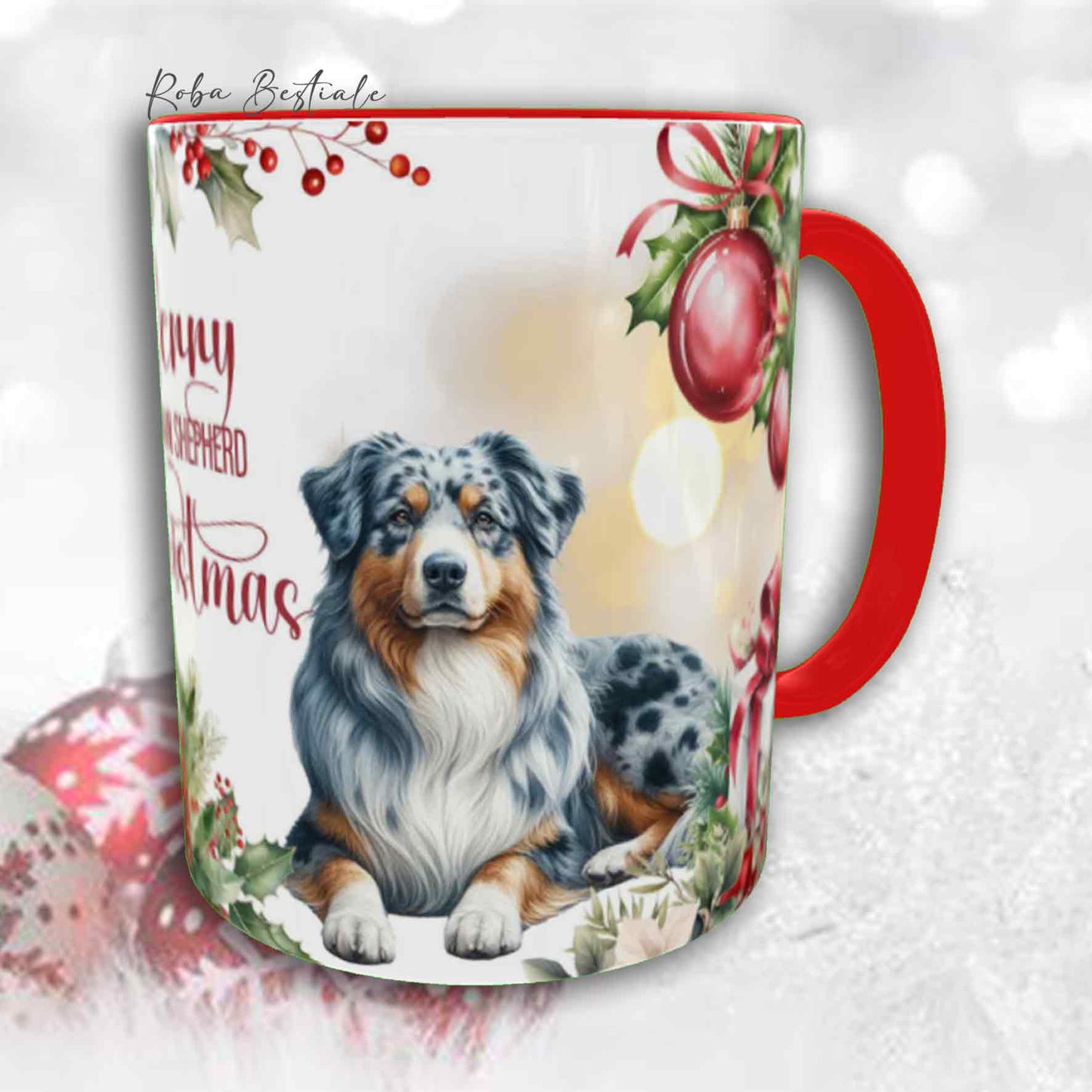 Tazza VINTAGE WINTER - AUSTRALIAN SHEPHERD Blue Merle - In Ceramica, con dettagli Rossi - 330 ml