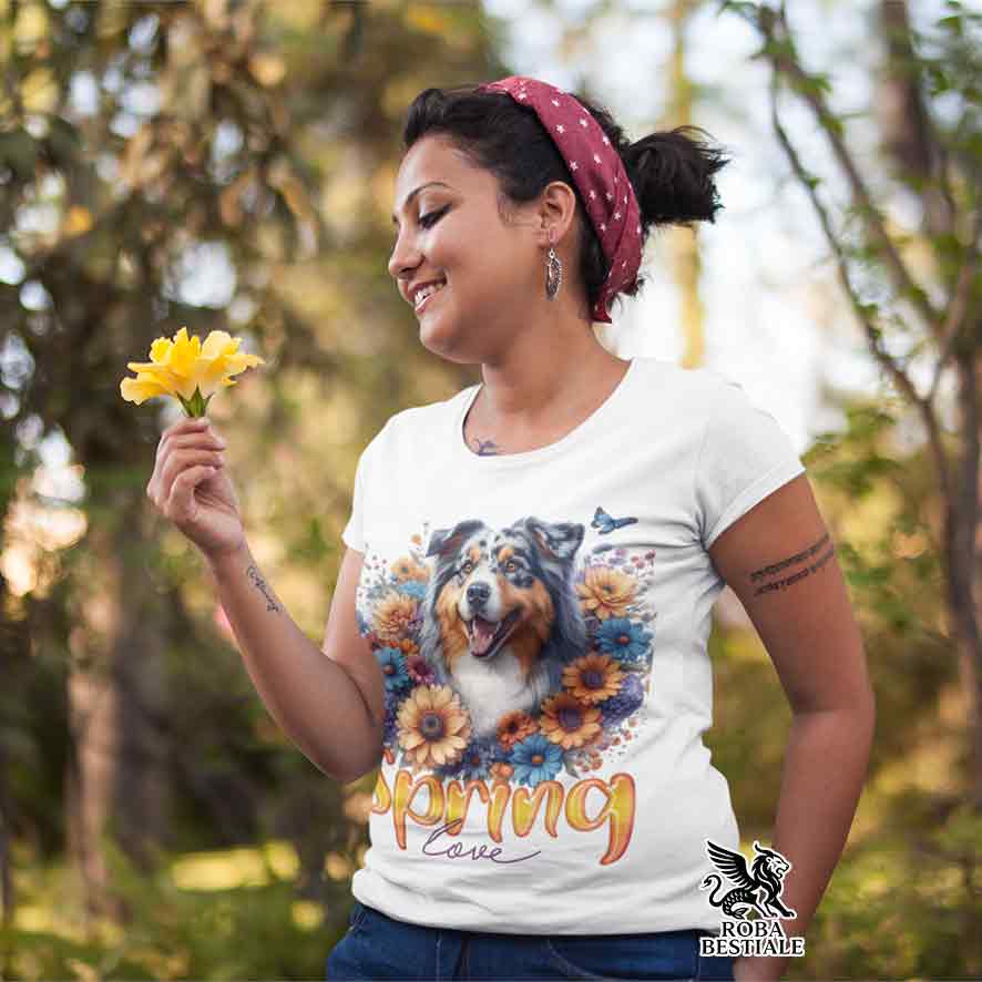 T-Shirt SPRING LOVE - AUSTRALIAN SHEPHERD Blue Merle - Bianca, Uomo o Donna - dalla XS alla 5XL