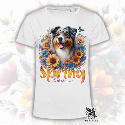 T-Shirt SPRING LOVE - AUSTRALIAN SHEPHERD Blue Merle - Bianca, Uomo o Donna - dalla XS alla 5XL