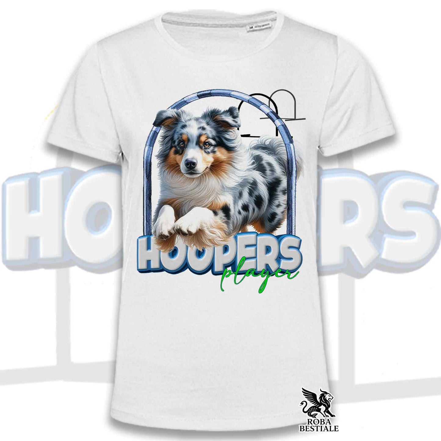 T-Shirt HOOPERS Player - AUSTRALIAN SHEPHERD Blue Merle - Bianca o Beige, da Uomo o da Donna - dalla XS alla 5XL